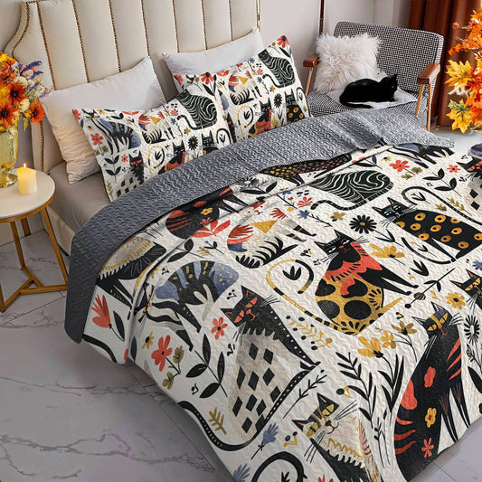 Cat Lorva All Season Quilt 3-Piece Set Whimsical Floral Cats