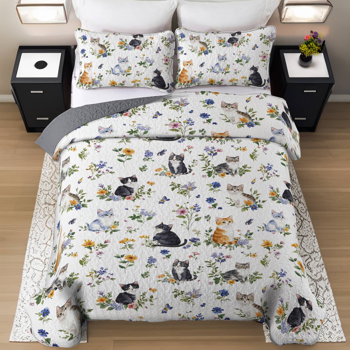 Lorva All Season Quilt 3-Piece Set Sweet Floral Cats