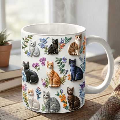 Lorva Flat Print Mug Charming Floral Cats