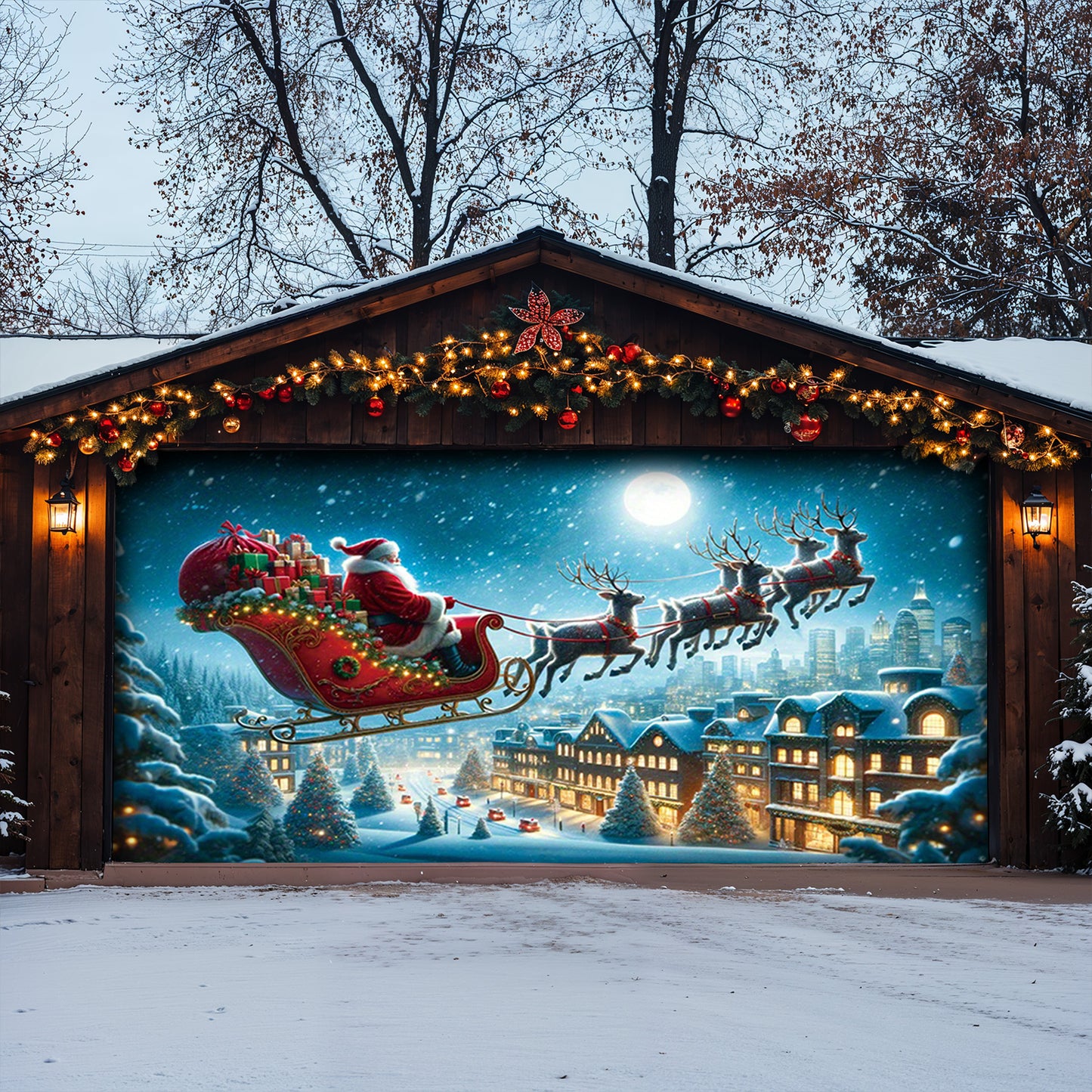 Lorva Snowman Christmas Garage Door Banner Decoration Santa’s Sky Express