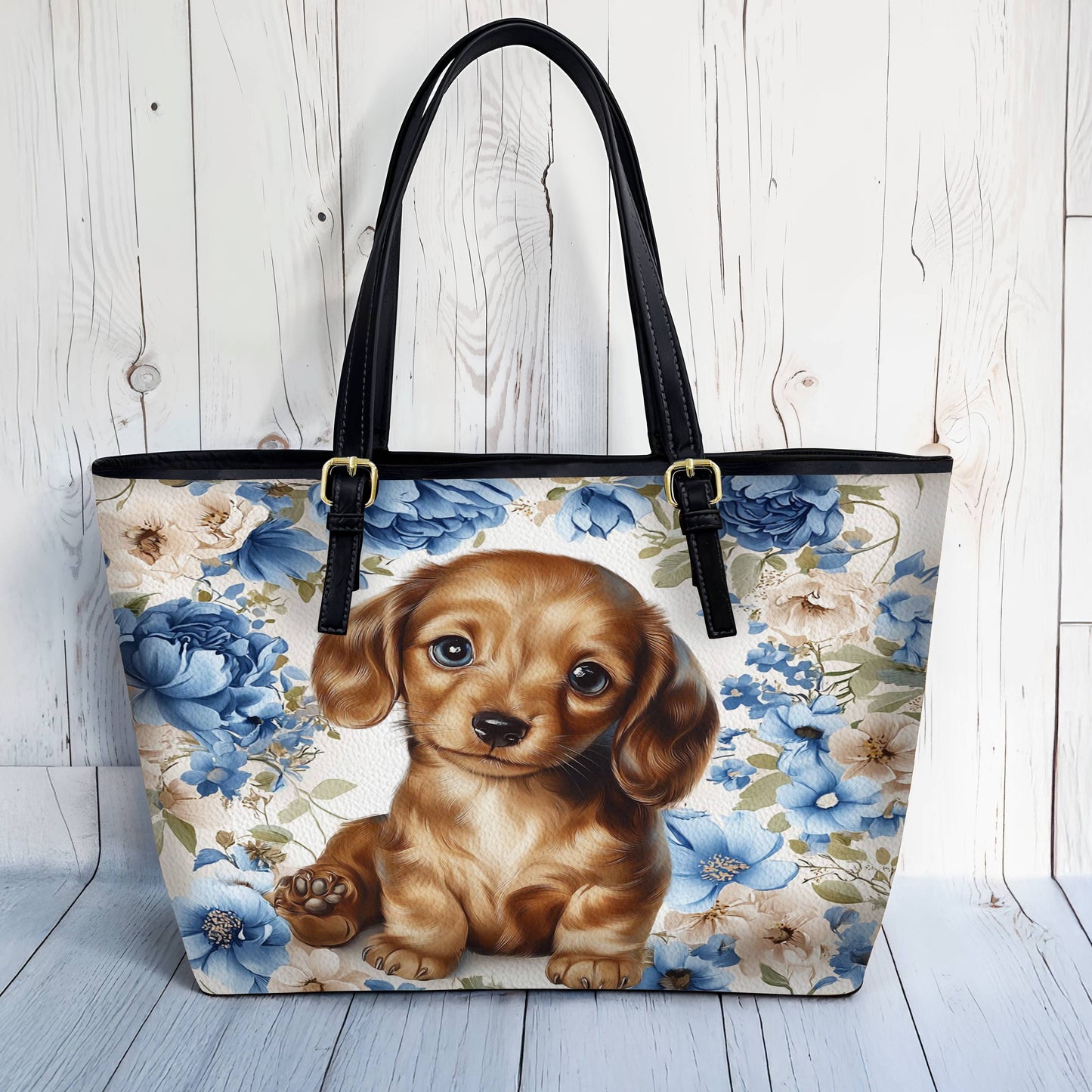 Lorva Dachshund Leather Tote Bag Cute Woof in Bloom