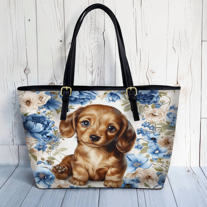Lorva Dachshund Leather Tote Bag Cute Woof in Bloom