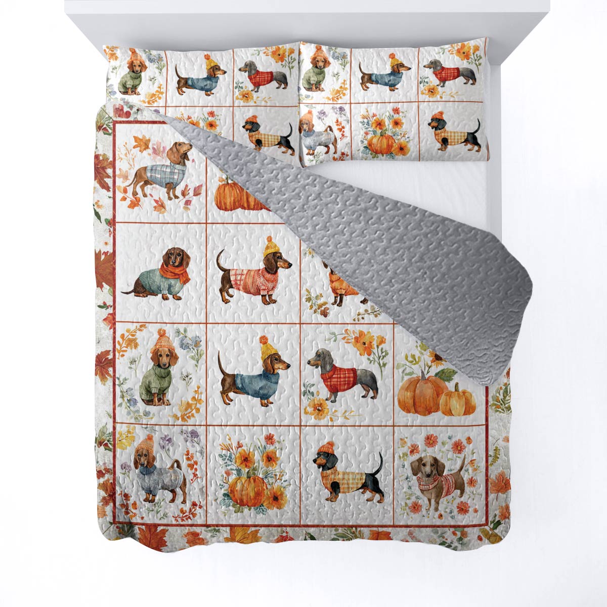 Dachshund Lorva All Season Quilt 3-Piece Set Beautiful Flowers Autumn