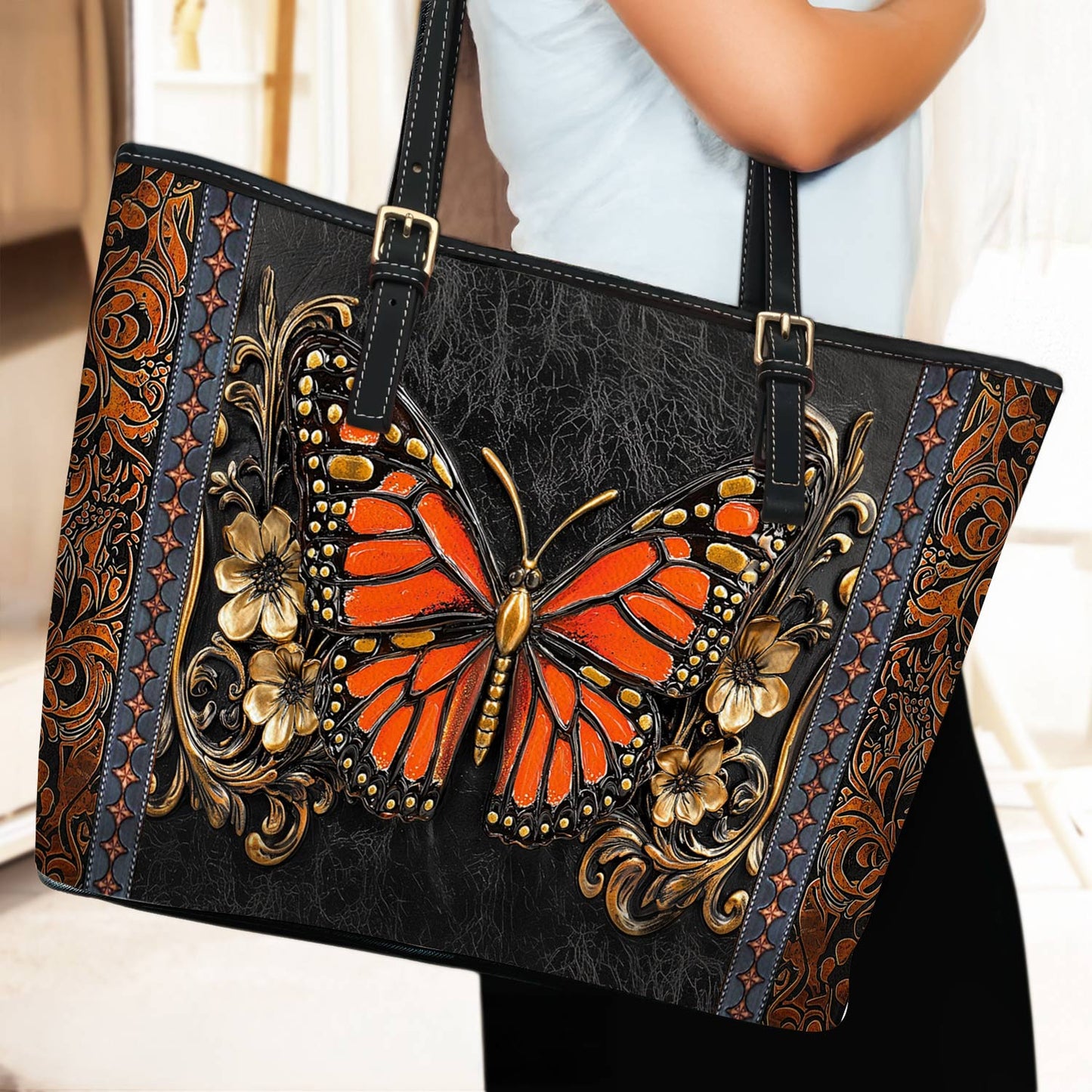 Lorva Monarch Butterfly Leather Tote Bag Victorian Blaze