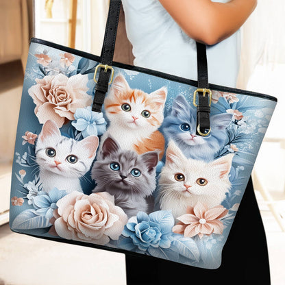 Lorva Leather Tote Bag Cute Floral Kitten Friends