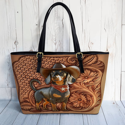 Lorva Dachshund Leather Tote Bag Cowboy Doxie