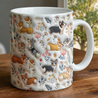 Lorva Corgi Flat Print Mug Happy Field Flowers