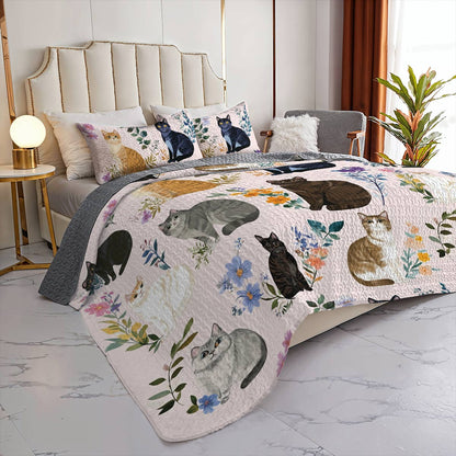 Lorva Cat All Season Quilt 3-Piece Set Pink Charming Floral Cats