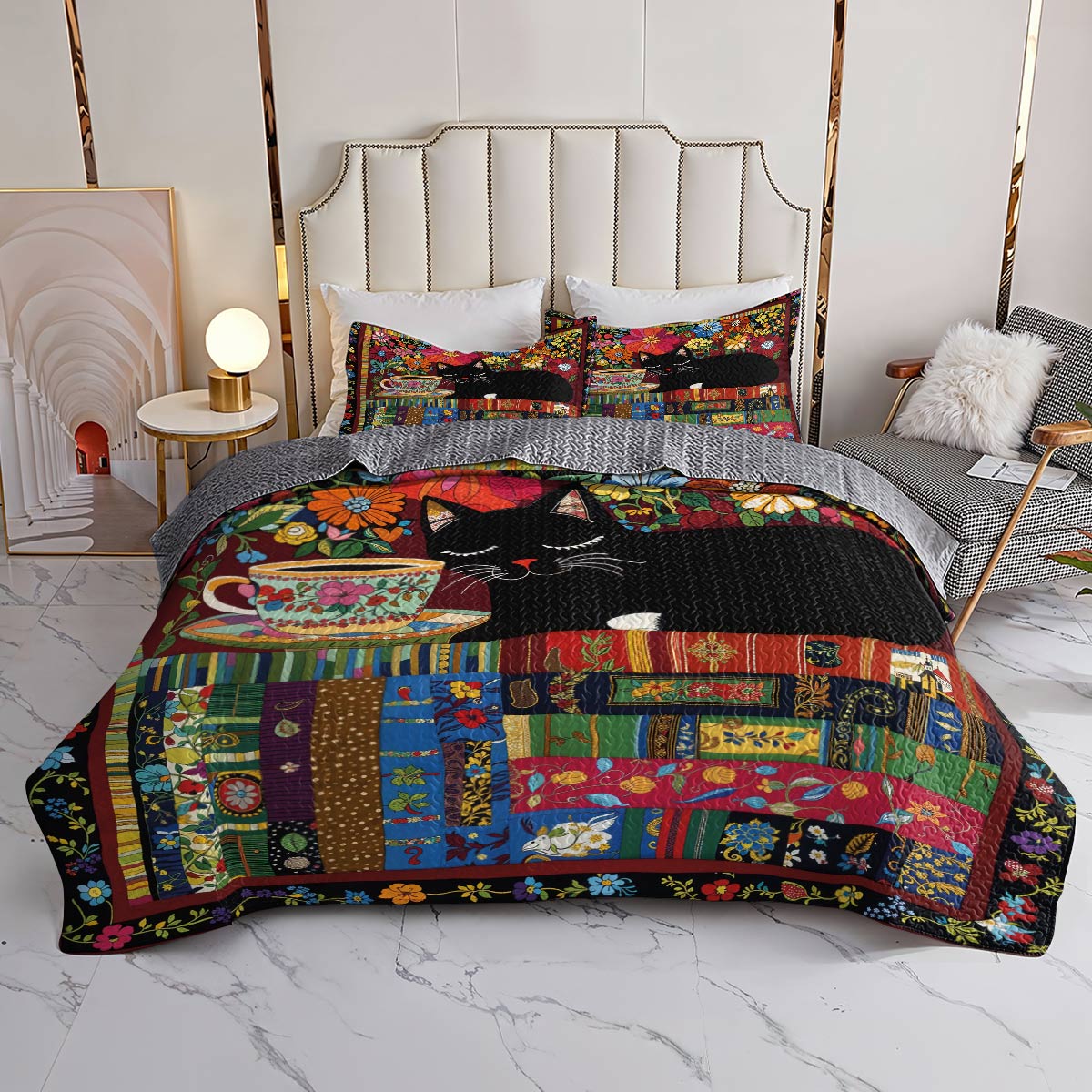 Lorva Cat All Season Quilt 3-Piece Set Whispers Of Flowers, Coffee, And A Stack Of Books