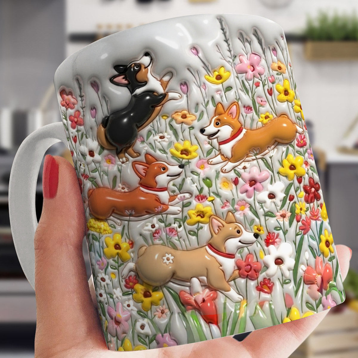 Lorva  Flat Print Mug Puffy Happy Corgi In Flower Garden