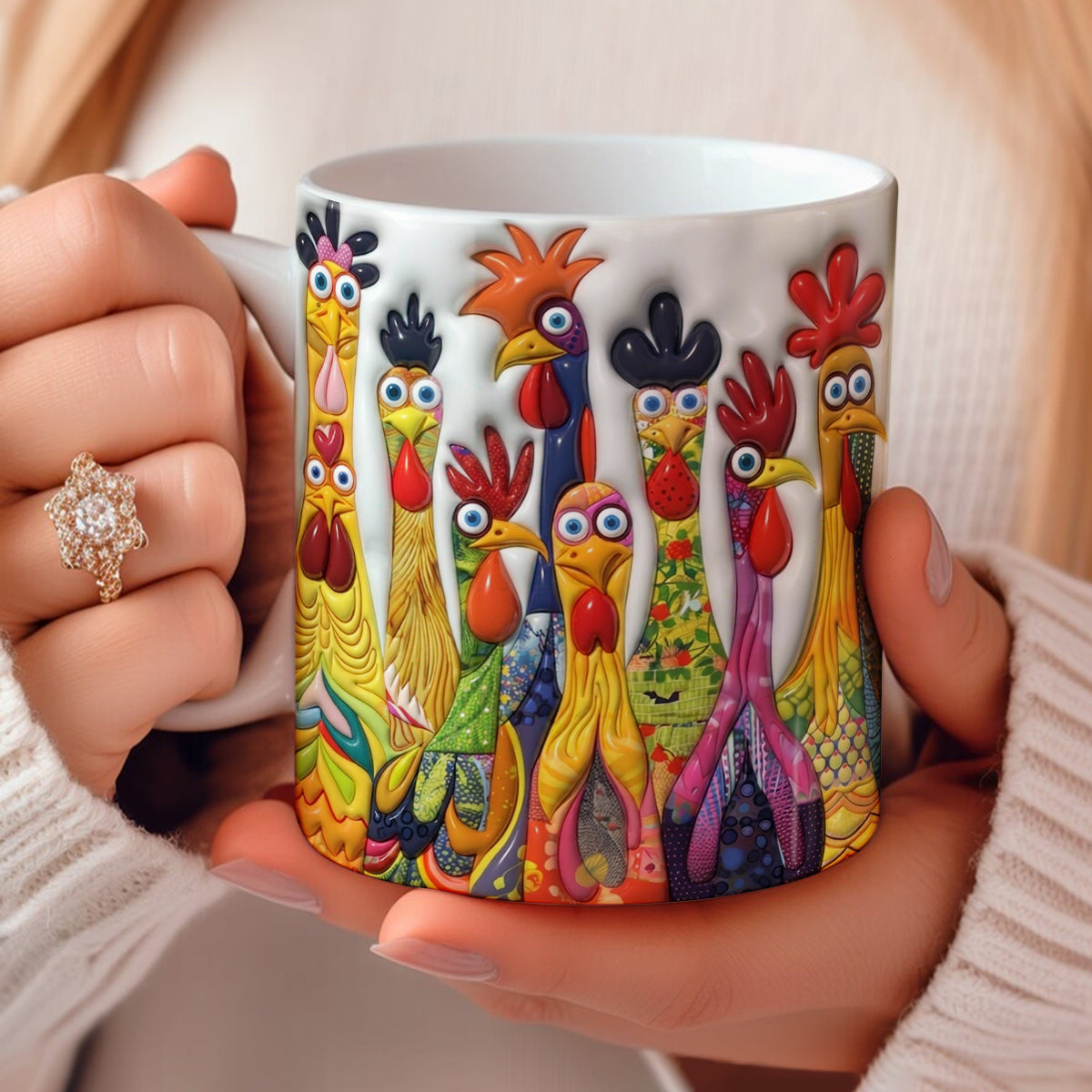 Lorva Flat Print Mug Crazy Chickens