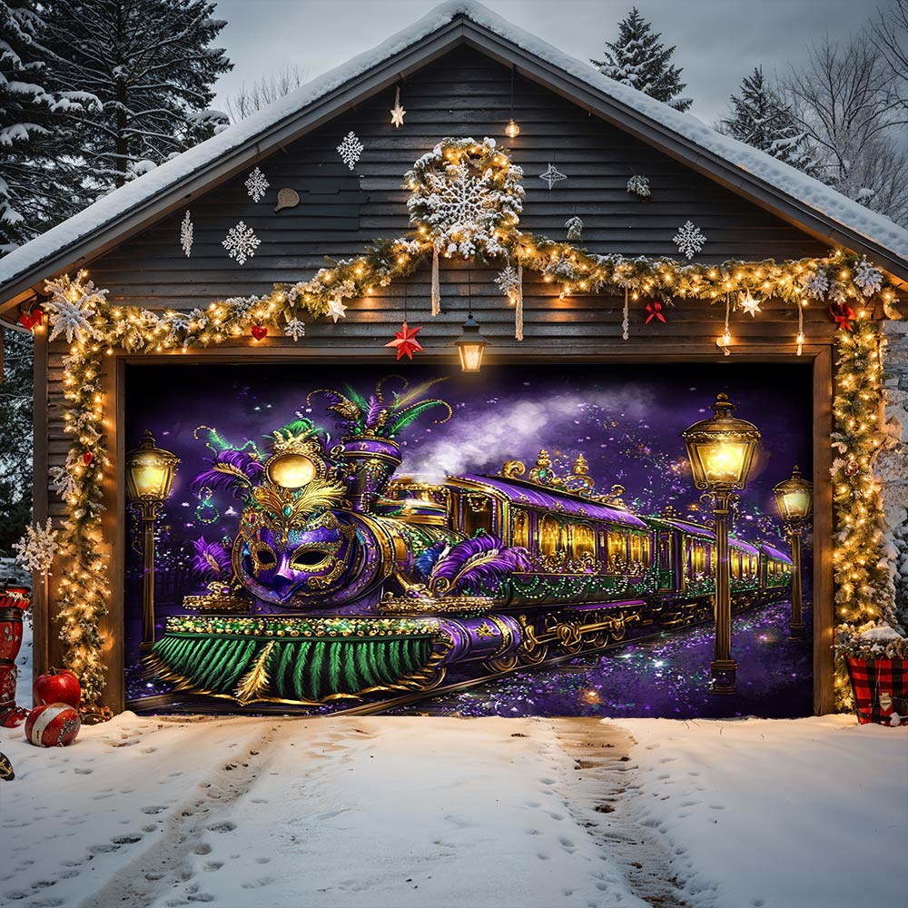 Lorva Garage Door Banner Decoration Festive Train Garage