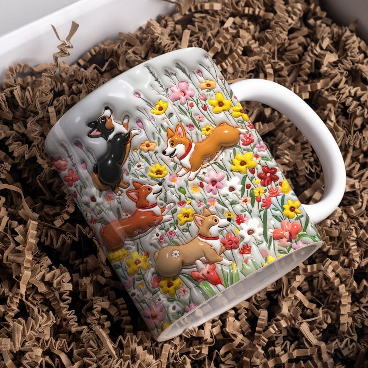 Lorva  Flat Print Mug Puffy Happy Corgi In Flower Garden