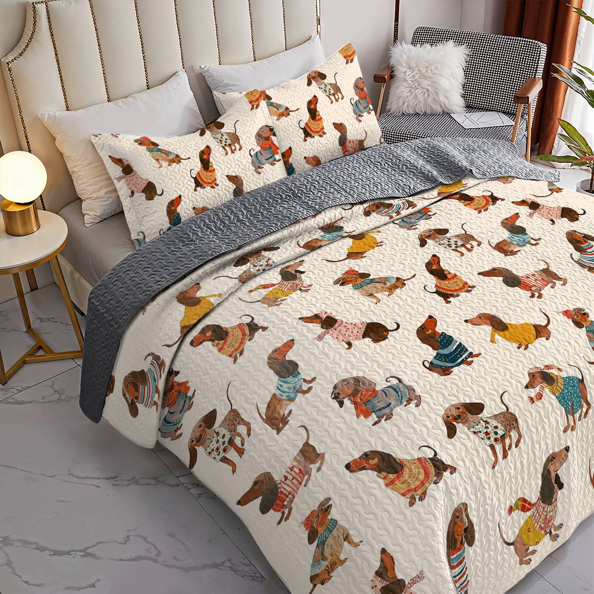 Dachshund Lorva All Season Quilt 3-Piece Set Happy Holiday