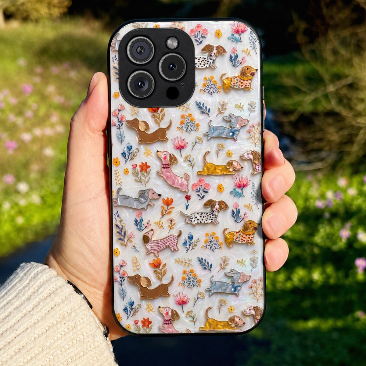 Lorva Dachshund Flat Print Phone Case Sparkling Happy Field Flowers
