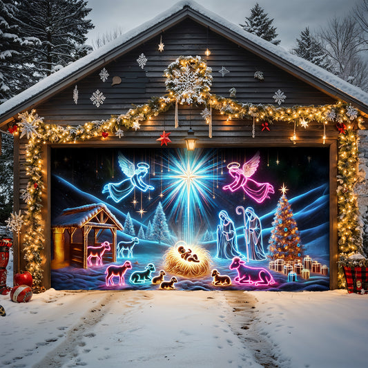 Lorva Christmas Garage Door Banner Decoration Neon Nativity Night
