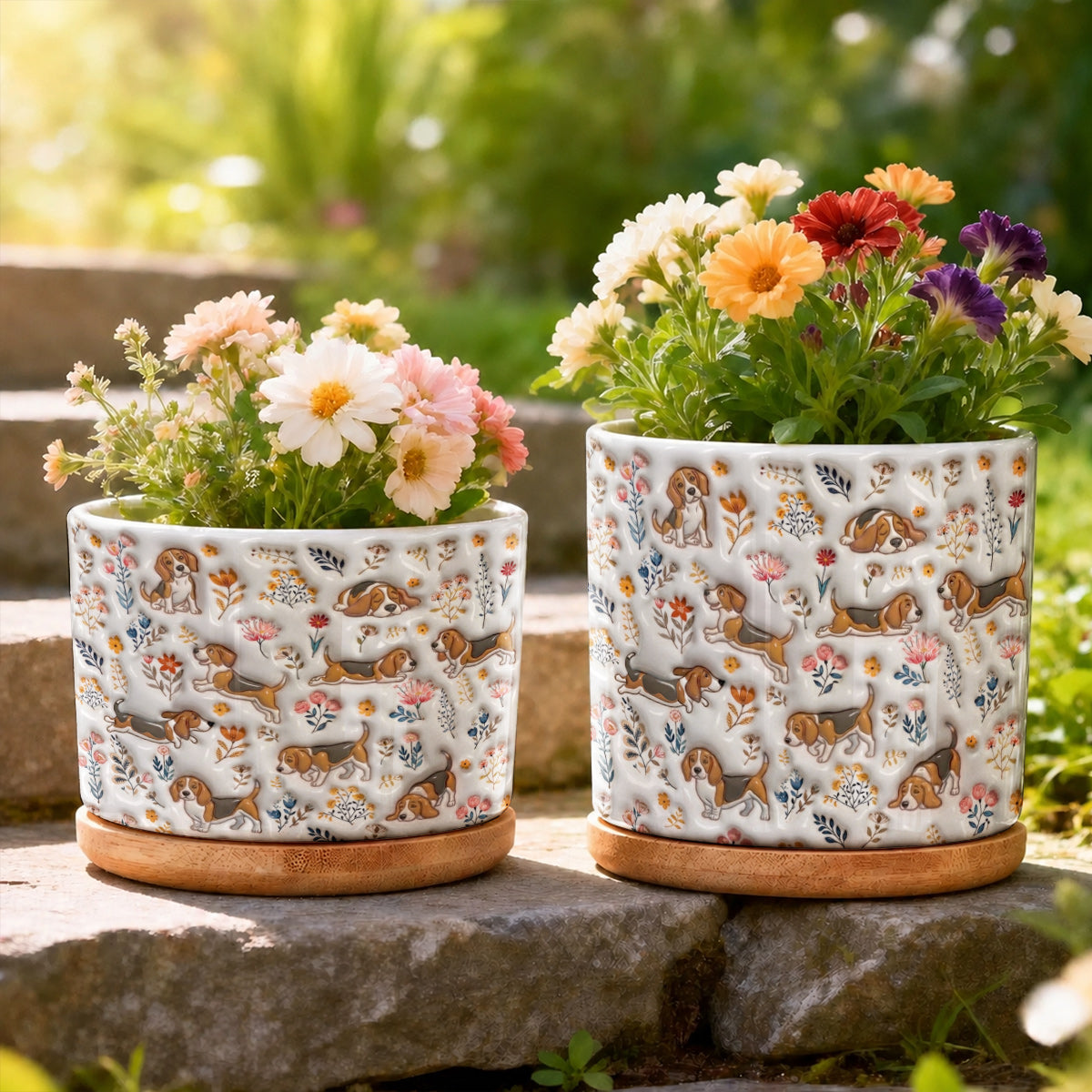 Lorva Beagle Flat Print Ceramic Plant Pot Happy Field Flowers