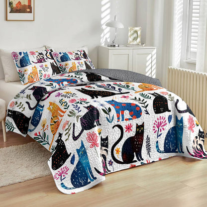 Lorva All Season Quilt 3-Piece Set Charming Whimsical Cat Garden
