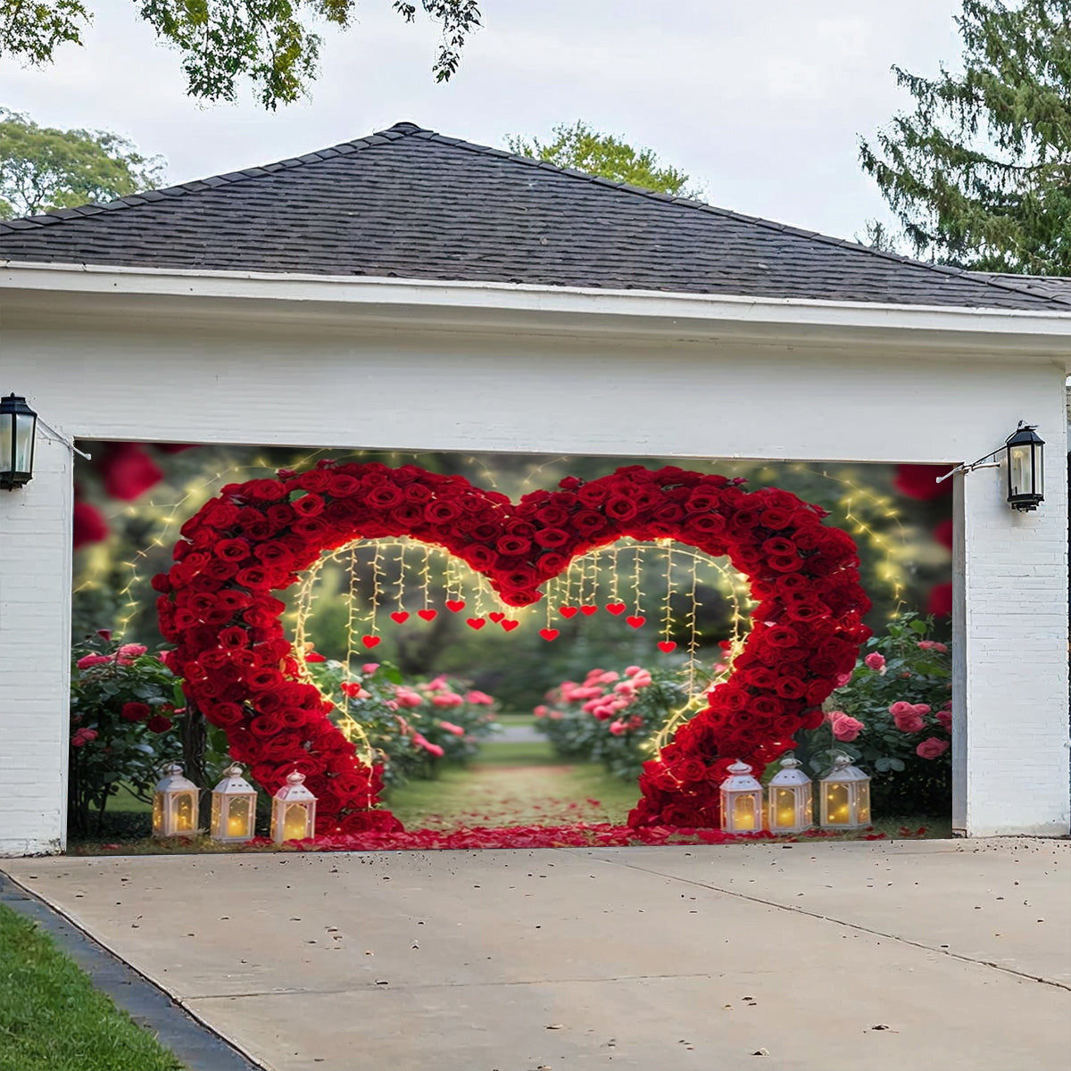 Lorva Garage Door Banner Decoration Love Heart Rose Pathway