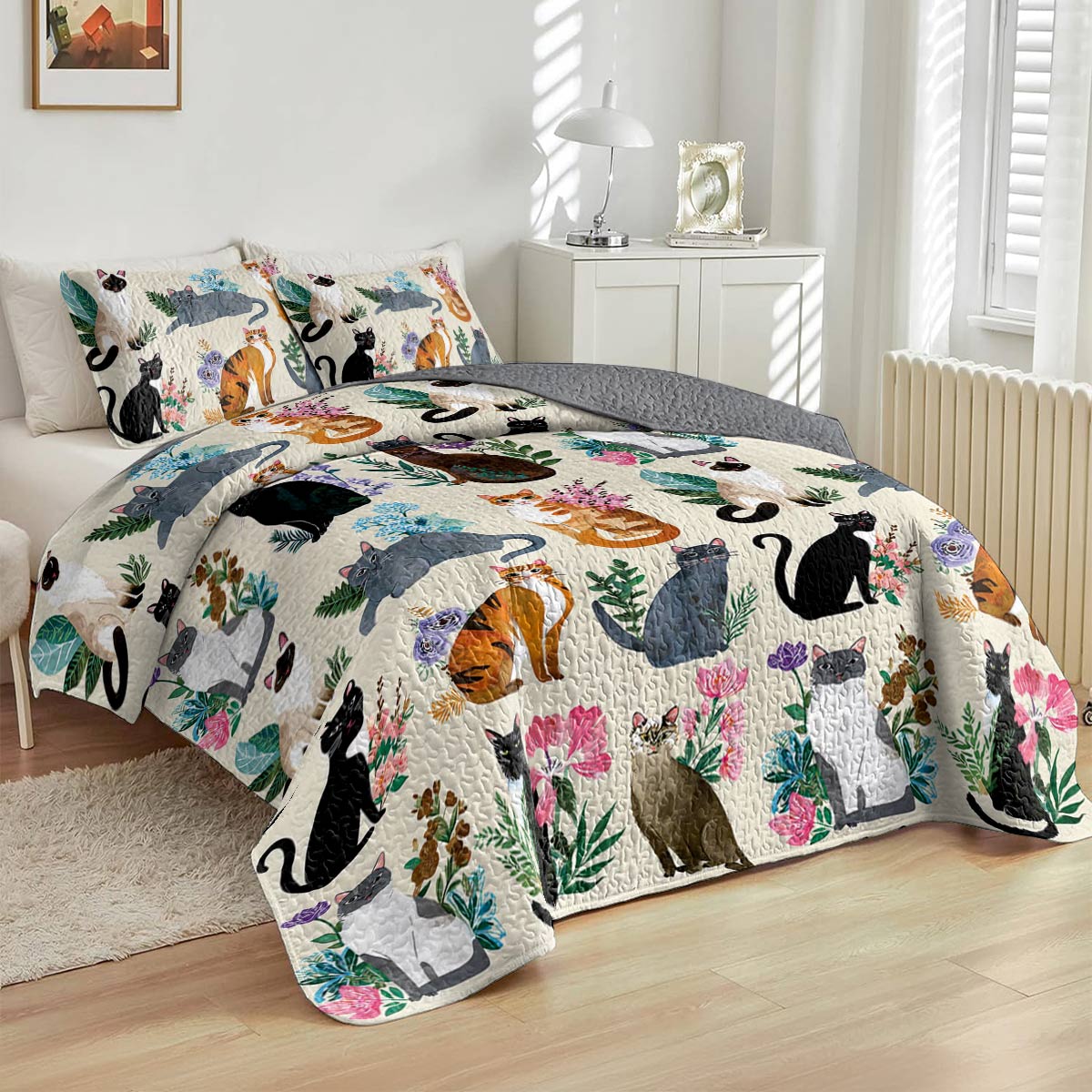 Lorva All Season Quilt 3-Piece Set Botanical Cats
