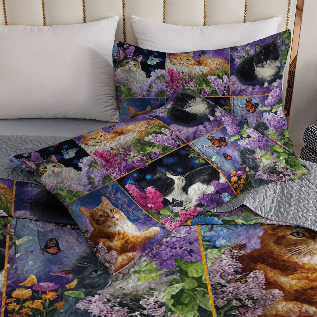 Lorva All Season Quilt 3-Piece Set Kittens With Flowers