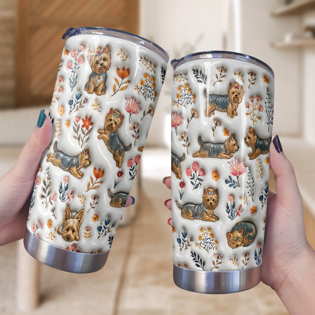 Lorva Yorkie 20Oz Flat Print Tumbler Happy Field Flowers