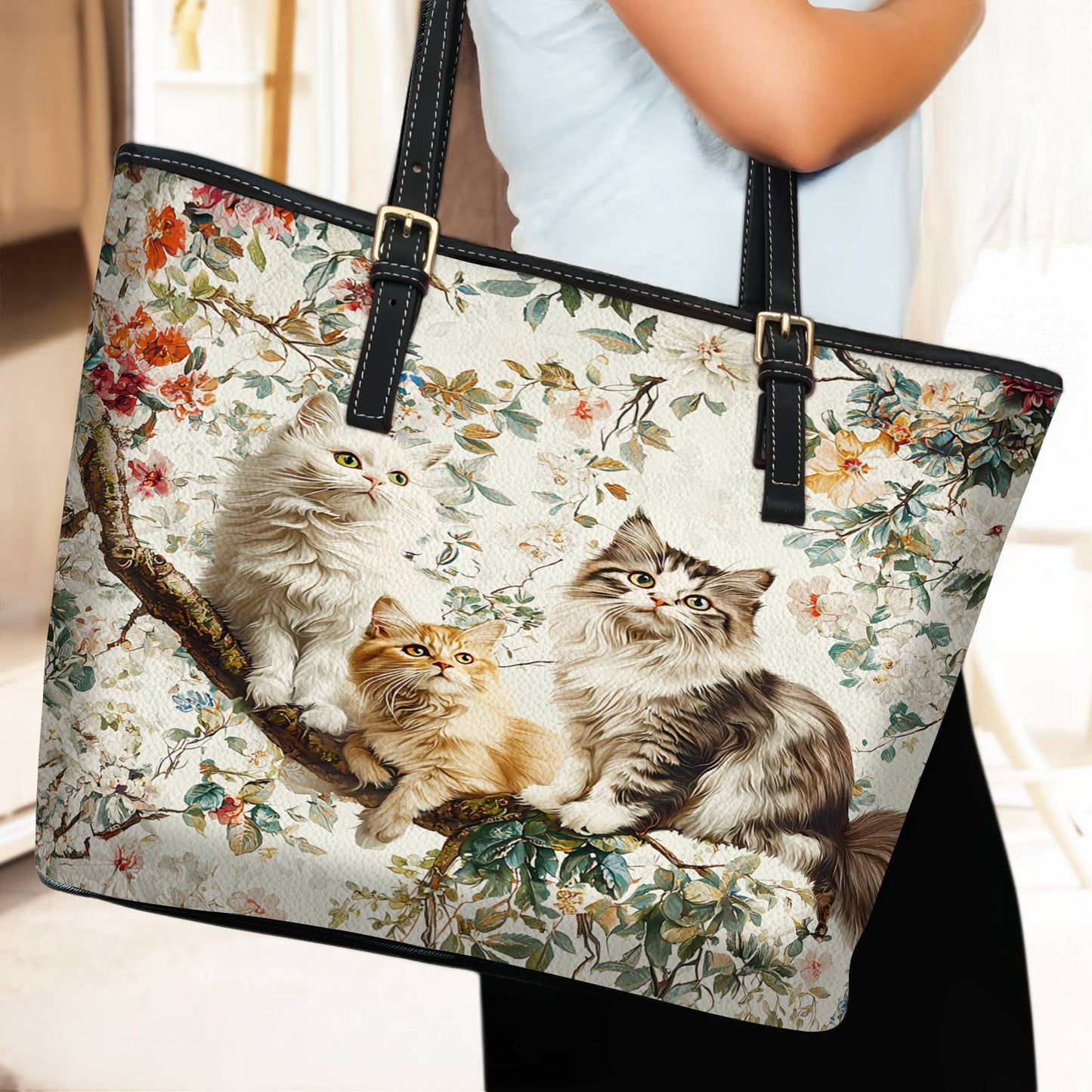Lorva Cat Leather Tote Bag Happy Cat Garden