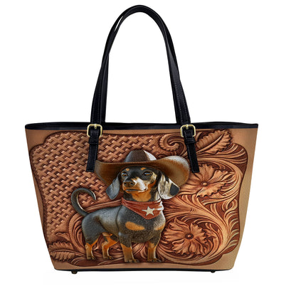 Lorva Dachshund Leather Tote Bag Cowboy Doxie