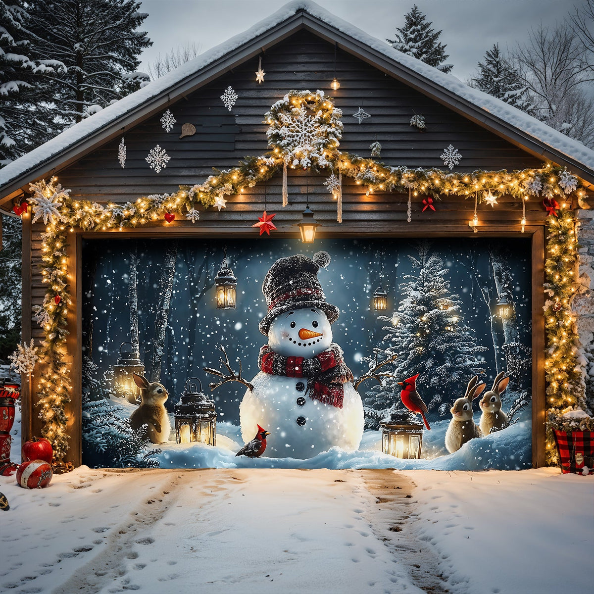 Lorva Christmas Garage Door Banner Decoration Snowman and Forest Companions in a Lantern Lit Winter Scene