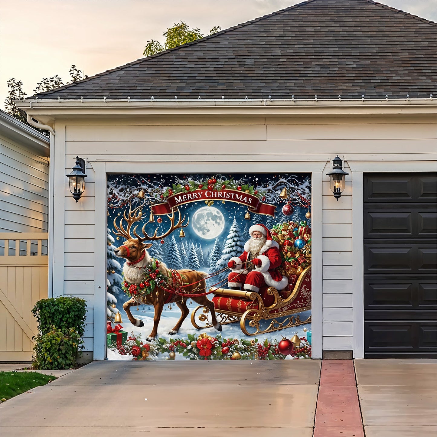 Lorva Christmas Garage Door Banner Decoration Santa’s Sleigh Ride Spreading Cheer on a Winter’s Eve
