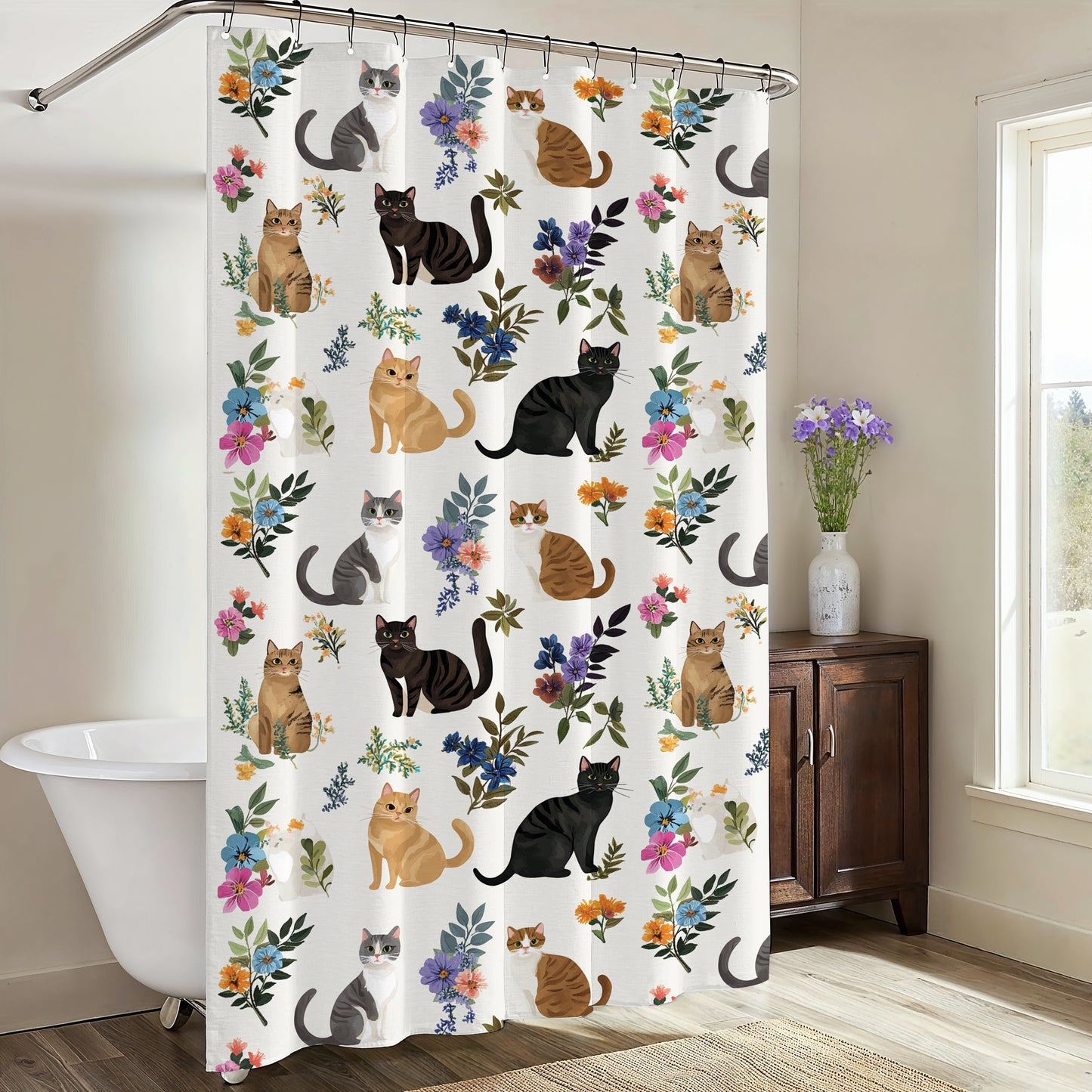 Lorva Shower Curtain Cute Floral Cats