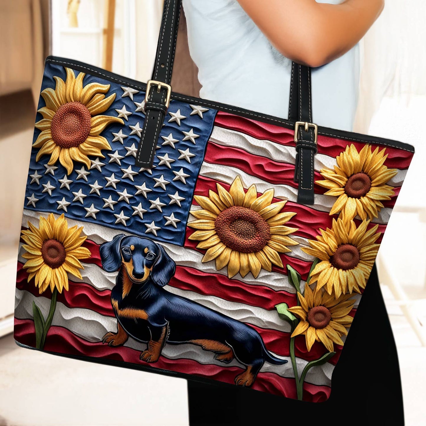 Lorva Dachshund Leather Tote Bag American Bloom
