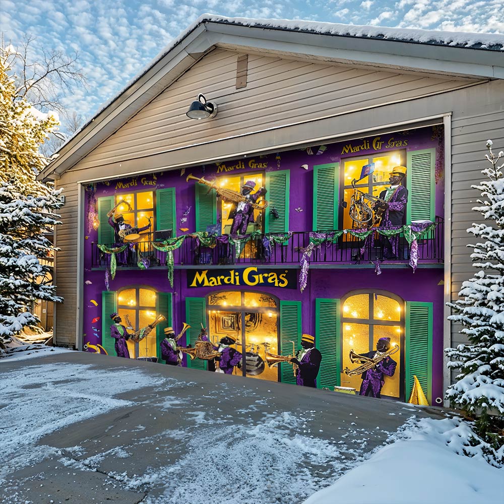 Lorva Garage Door Banner Decoration Mardi Gras Jazz Balcony
