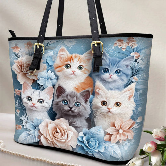 Lorva Leather Tote Bag Cute Floral Kitten Friends