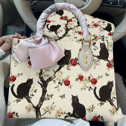 Lorva Black Cat Leather Bag Roses Love