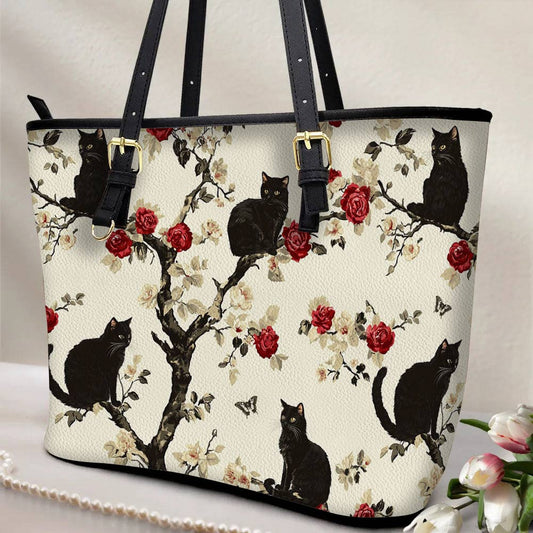 Lorva Black Cat Leather Tote Bag Roses Love