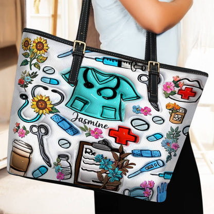 Lorva Personalized Leather Tote Bag Floral Puffy Nurse