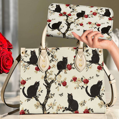 Lorva Black Cat Leather Bag Roses Love
