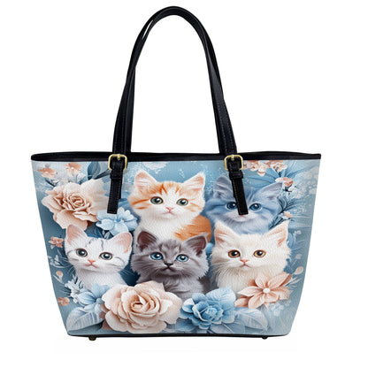 Lorva Leather Tote Bag Cute Floral Kitten Friends
