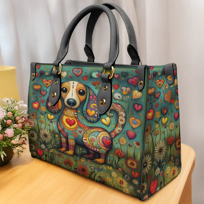 Lorva Whimsical Dachshund Leather Bag Heart & Floral