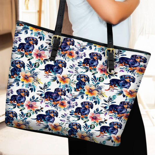 Lorva Leather Tote Bag Dachshund Blooms