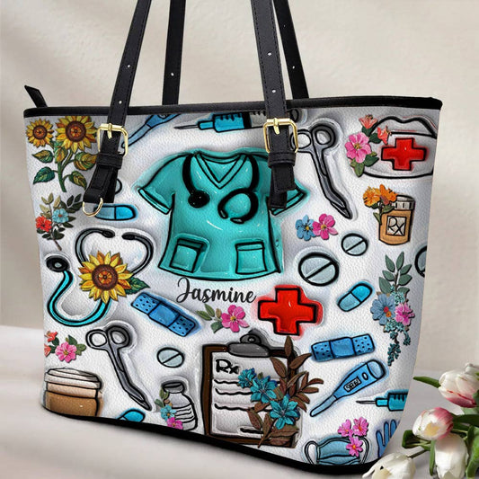 Lorva Personalized Leather Tote Bag Floral Puffy Nurse