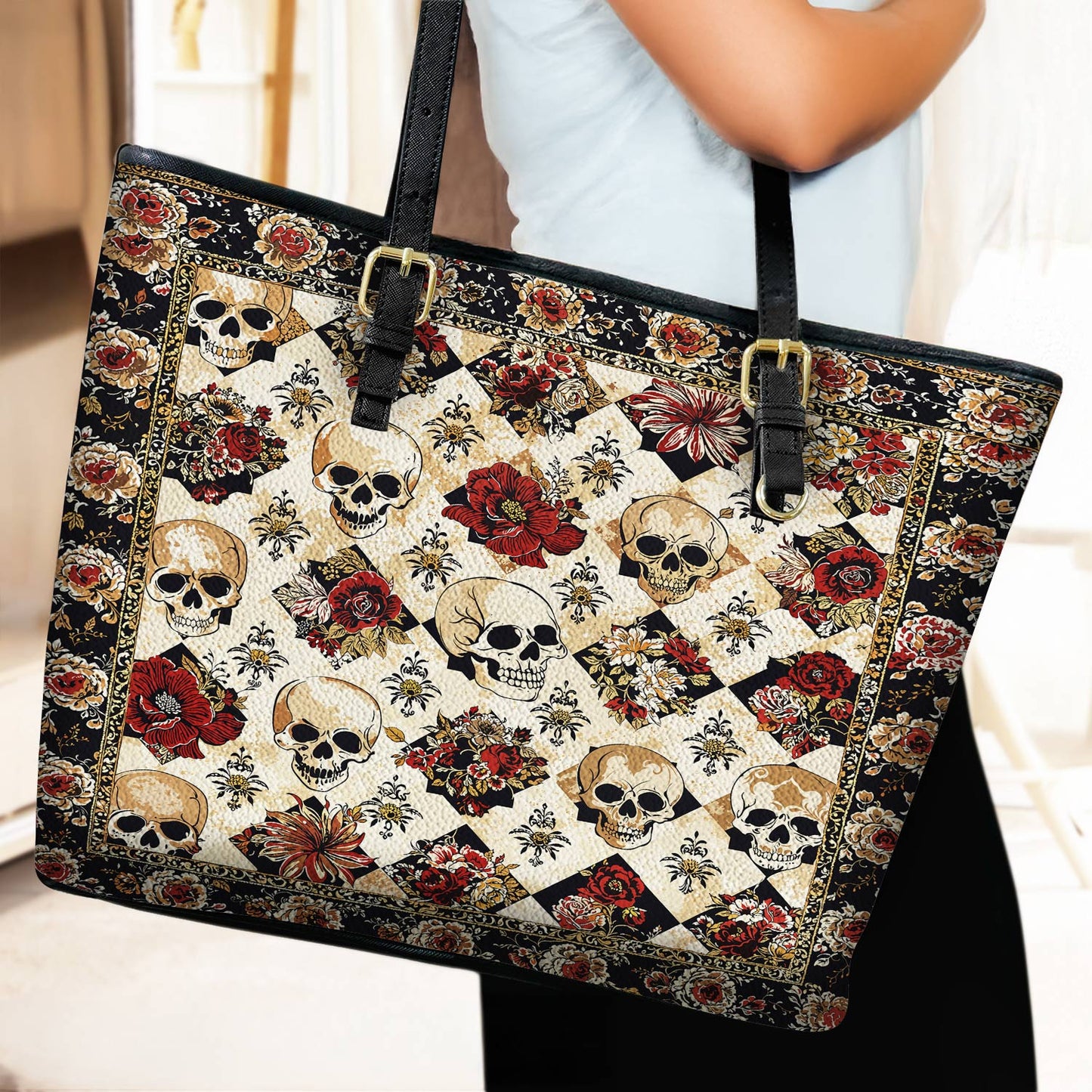 Lorva Leather Tote Bag Elegent Skull Roses