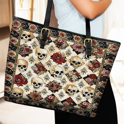 Lorva Leather Tote Bag Elegent Skull Roses