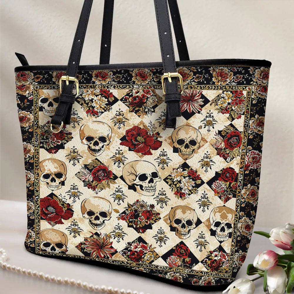 Lorva Leather Tote Bag Elegent Skull Roses