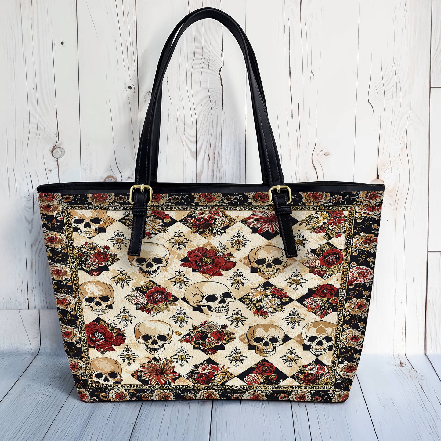 Lorva Leather Tote Bag Elegent Skull Roses