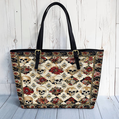 Lorva Leather Tote Bag Elegent Skull Roses