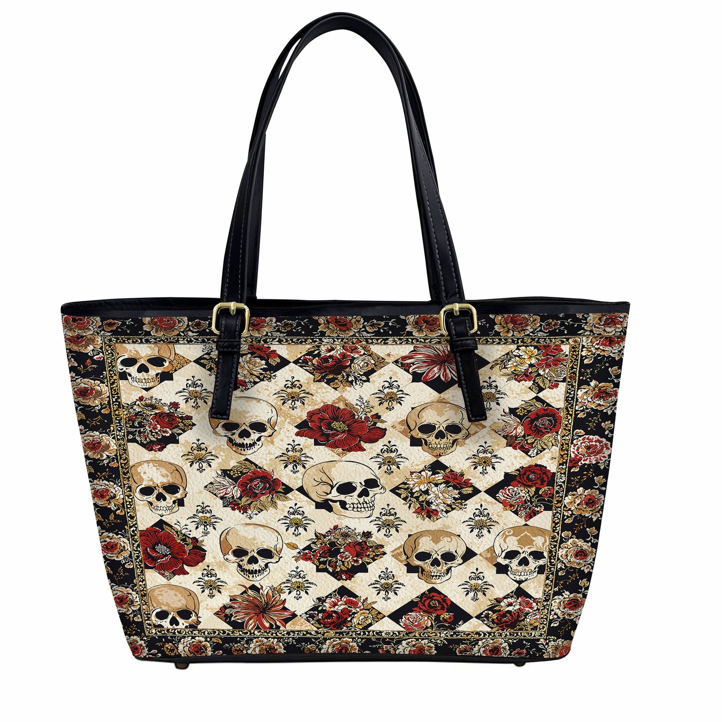 Lorva Leather Tote Bag Elegent Skull Roses