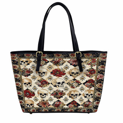 Lorva Leather Tote Bag Elegent Skull Roses