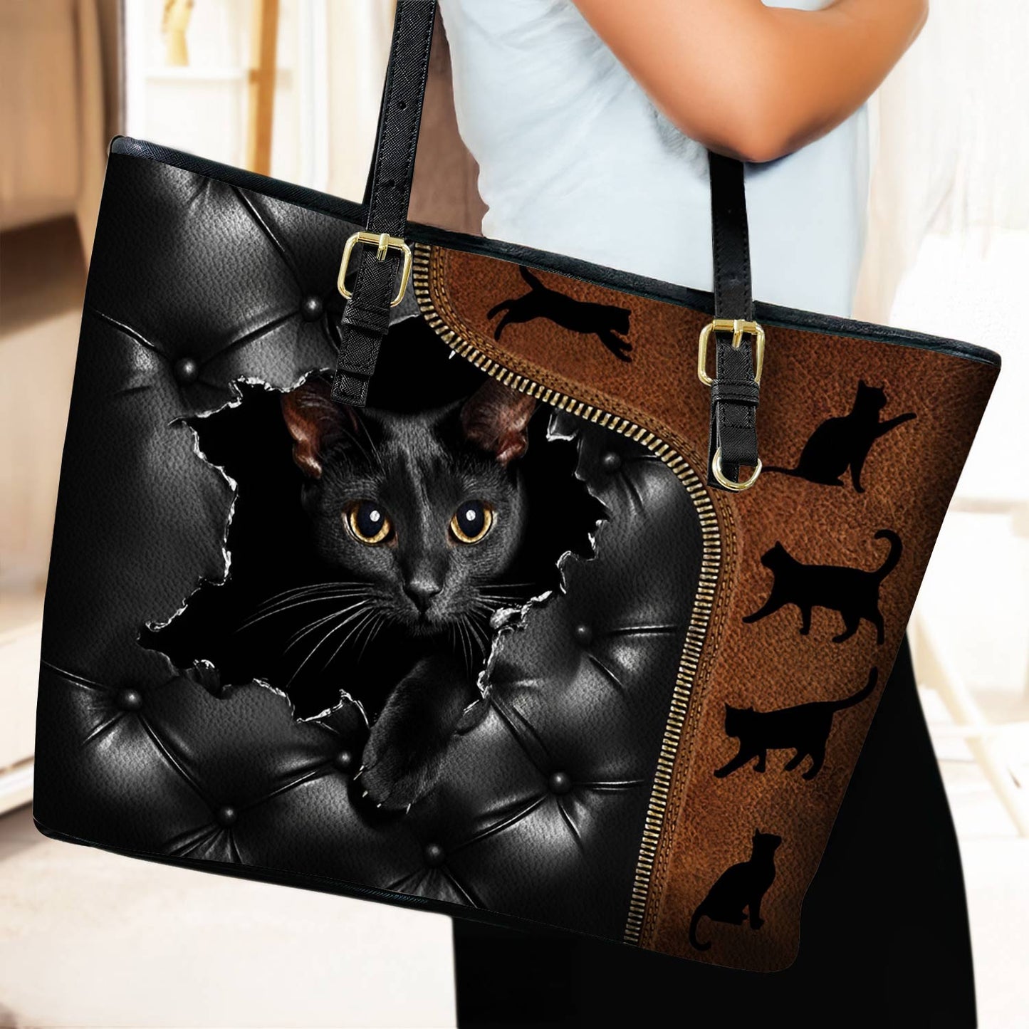 Lorva Leather Tote Bag Gorgeous Black Cat